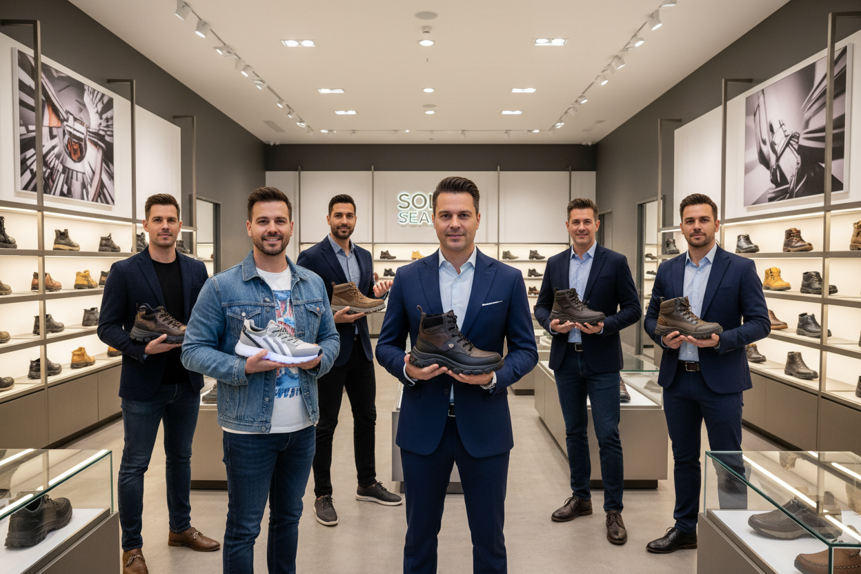 a group of men holding shoes in their hands and showing the shoes on a brand shop